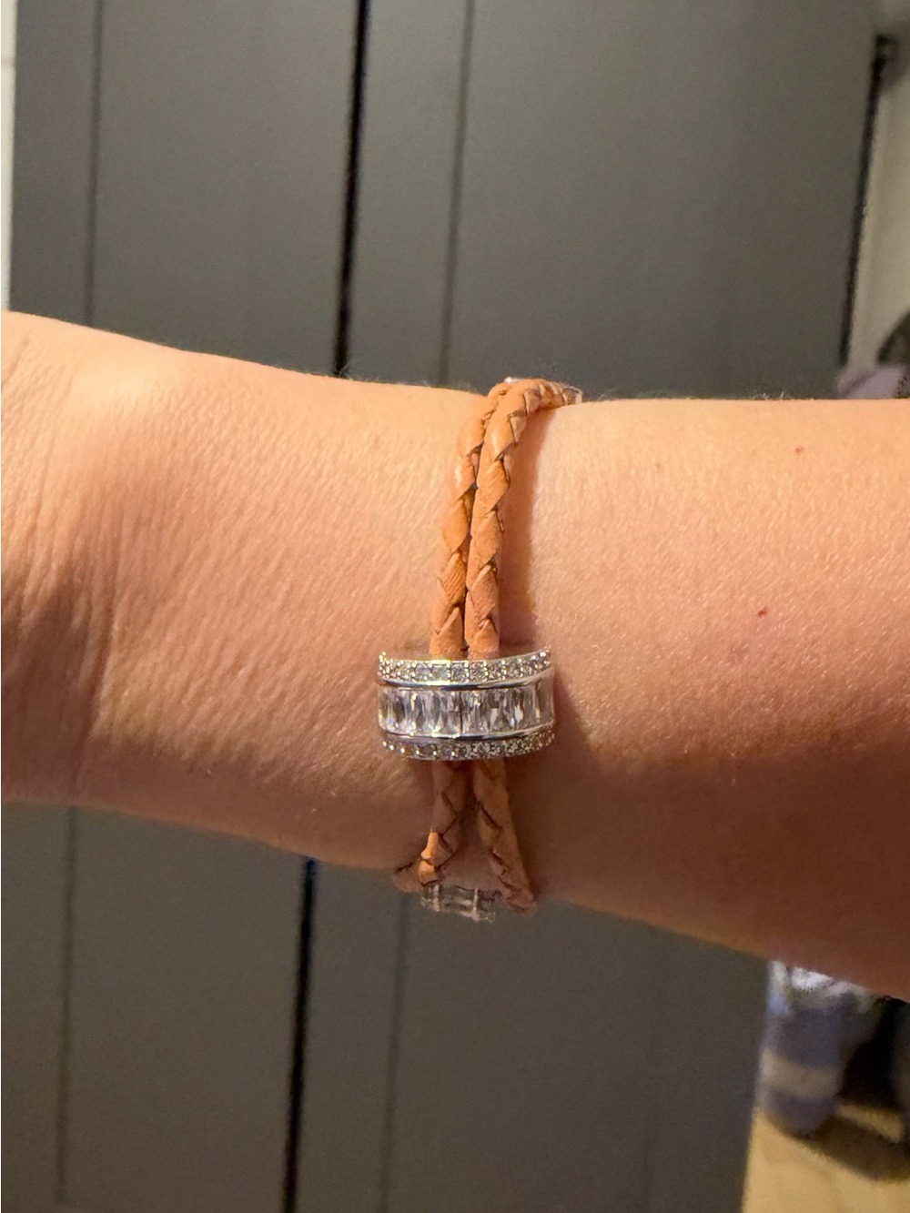 Braided Tan Leather Bracelet with Crystal Accent